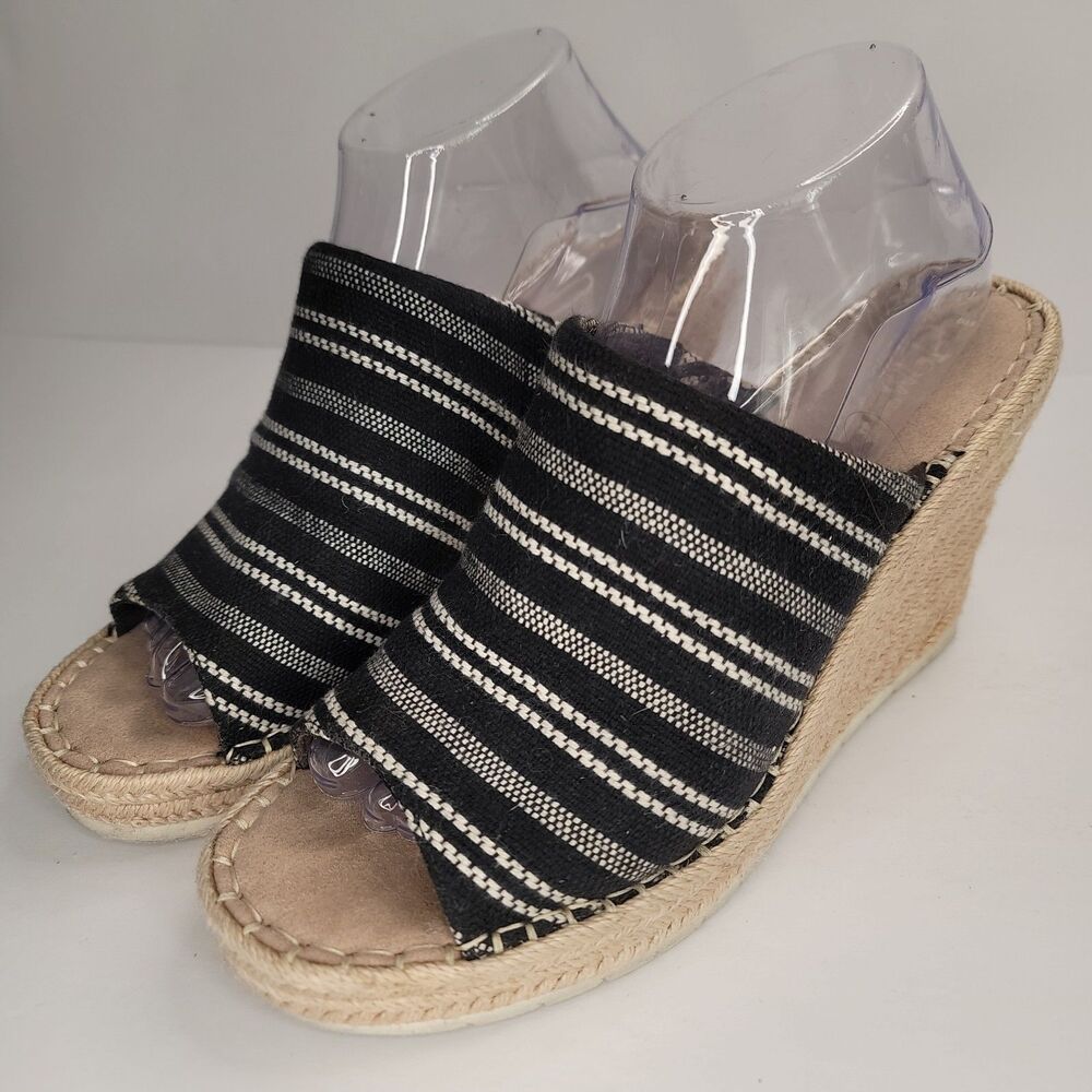 TOMS Michelle Women Size 10 Black Global Stripe Woven Peep Toe Slide Wedge Shoes